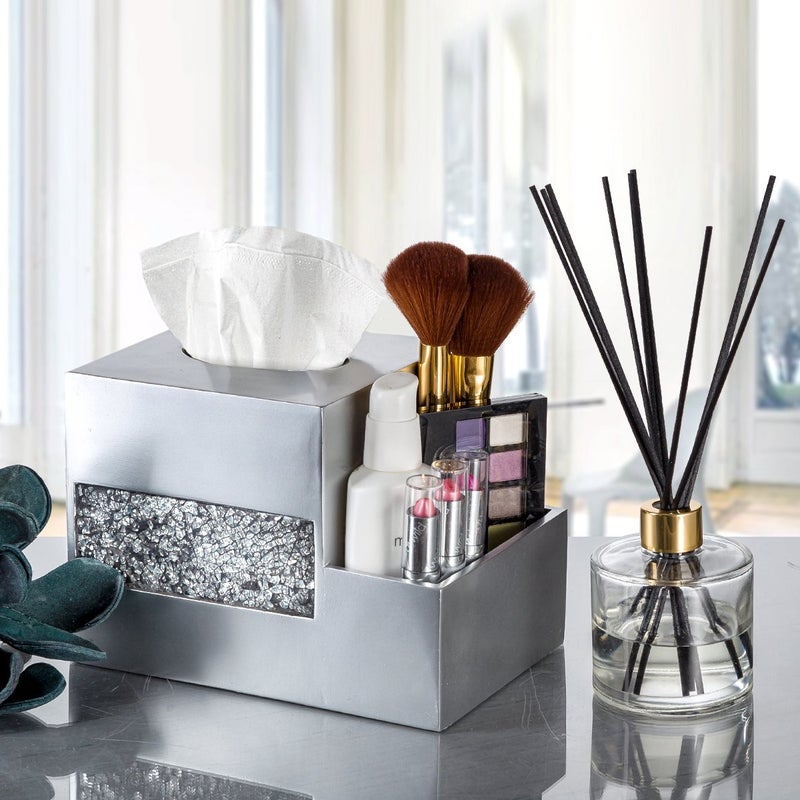 Creative Scents غطاء صندوق مناديل فضي زجاجي متشقق مربع ومنظم طاولة لرجال ونساء - حامل مناديل زجاجي موزاييك متعدد الوظائف مع حامل للمكياج والهاتف وجهاز التحكم عن بعد للطاولة - Image 2